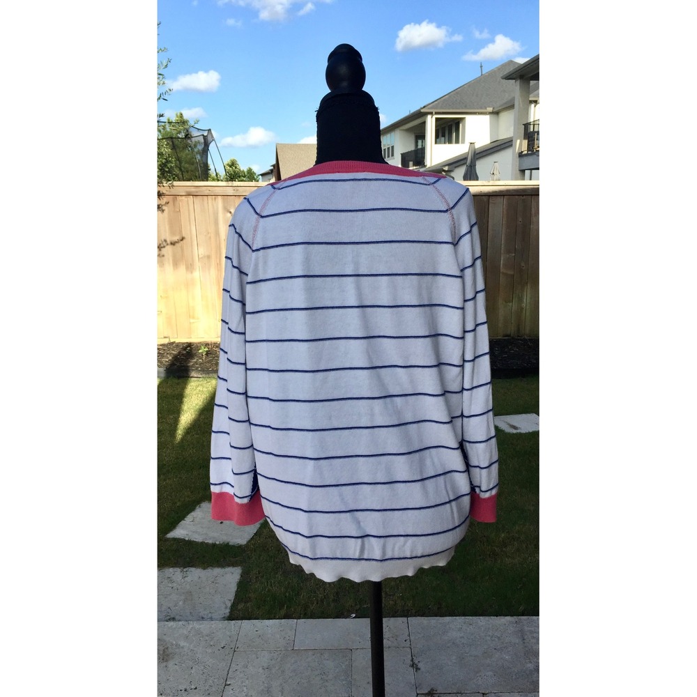 Talbots Womens XL Striped Sweater White Blue Pink Nautical Raglan Knit Top - Picture 2 of 5